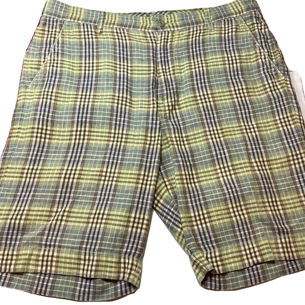 Tommy Bahama GREEN TAN LINEN PLAID Bermuda SHORTS Men 35 chino Pockets 90s relax